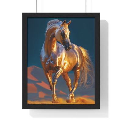 Golden Horse Vertical Framed Poster | Elegant Equine Wall Art | Home Decor for Horse Lovers, Gift for Equestrian, Animal Artwork