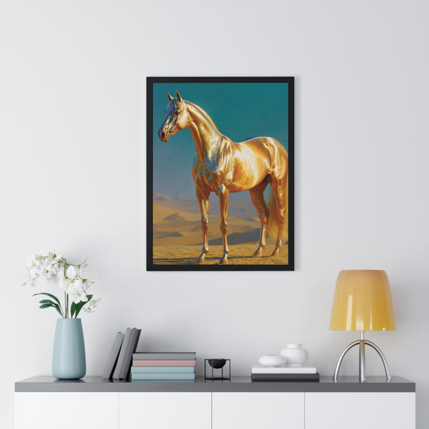 Golden Horse Vertical Framed Poster, Modern Wall Art, Equestrian Decor, Animal Lover Gift, Home Aesthetic