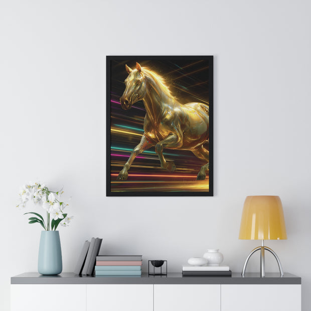 Golden Galloping Horse Vertical Framed Poster, Equine Art, Living Room Decor, Horse Lover Gift, Inspirational Wall Art, Home Aesthetic