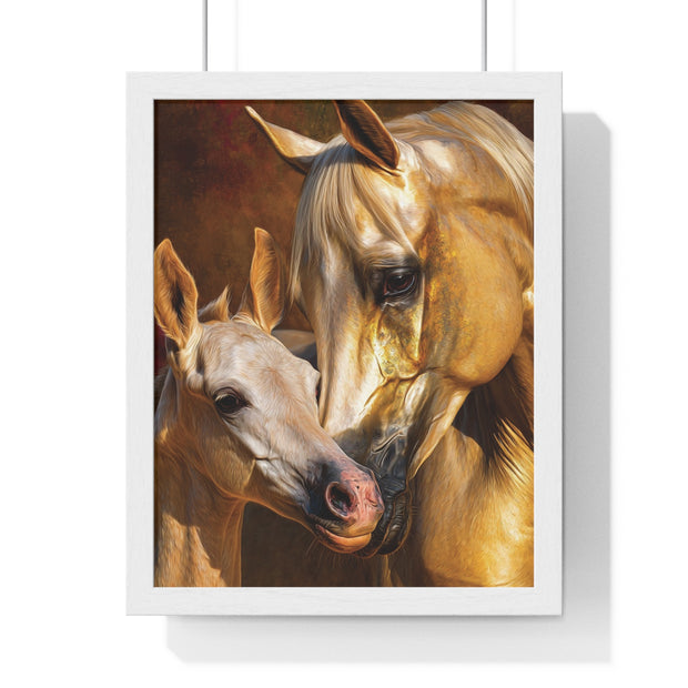 Majestic Horse Love Vertical Framed Poster, Equestrian Art Print, Animal Lovers Decor, Horse Mother and Foal, Home Wall Art