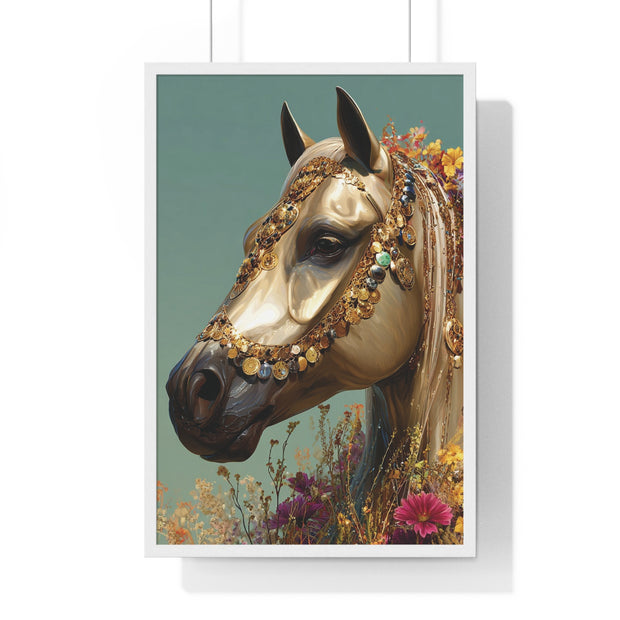Golden Horse Framed Art Print, Elegant Home Decor, Gift for Animal Lovers, Equine Art, Wall Decoration
