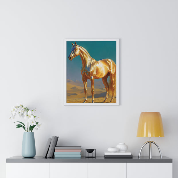 Golden Horse Vertical Framed Poster, Modern Wall Art, Equestrian Decor, Animal Lover Gift, Home Aesthetic