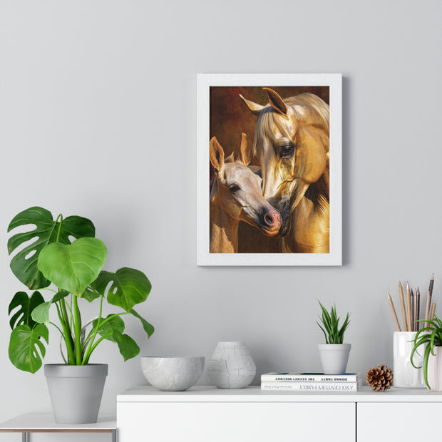 Majestic Horse Love Vertical Framed Poster, Equestrian Art Print, Animal Lovers Decor, Horse Mother and Foal, Home Wall Art