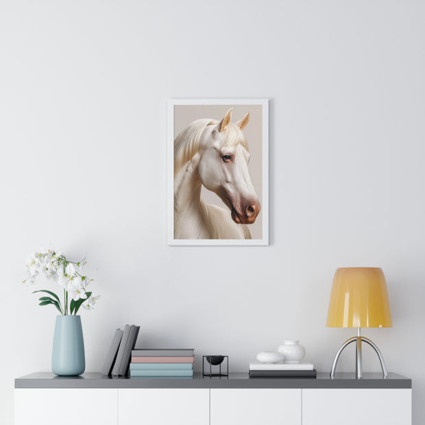 Elegant White Horse Art, Vertical Framed Poster, Horse Decor, Animal Lover Gift, Wall Art, Home Gallery Display
