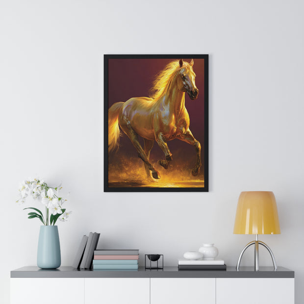 Golden Horse Vertical Framed Poster, Equestrian Decor, Horse Lover Gift, Wall Art, Home Office Decoration