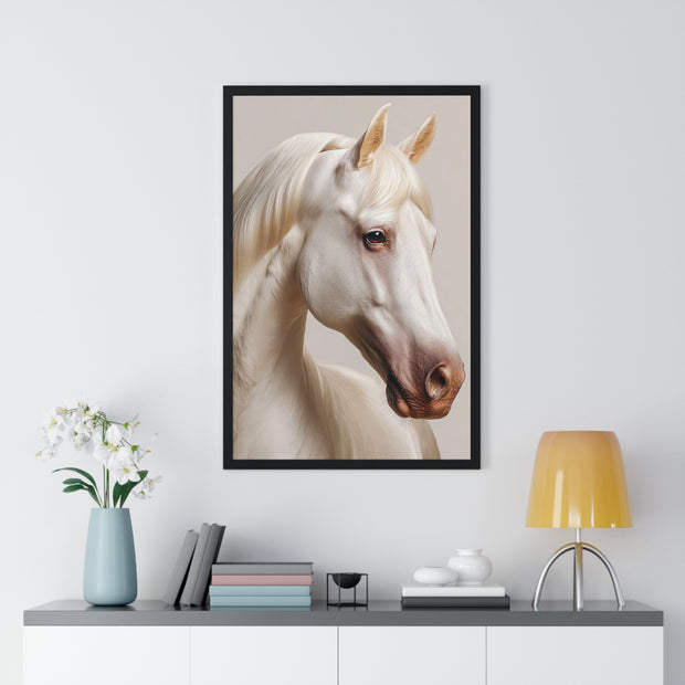 Elegant White Horse Art, Vertical Framed Poster, Horse Decor, Animal Lover Gift, Wall Art, Home Gallery Display