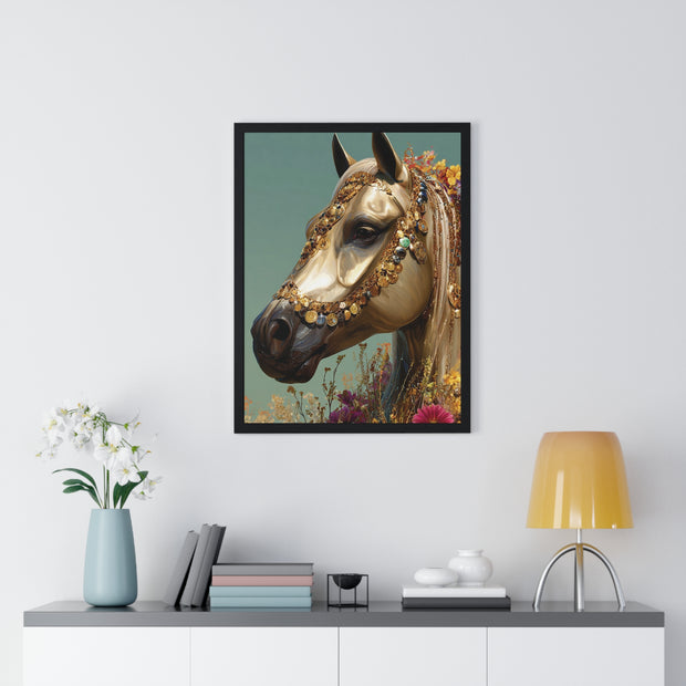 Golden Horse Framed Art Print, Elegant Home Decor, Gift for Animal Lovers, Equine Art, Wall Decoration