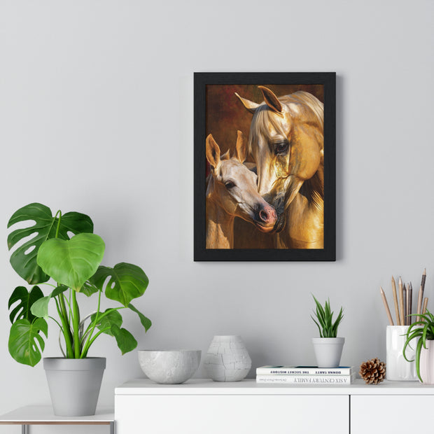 Majestic Horse Love Vertical Framed Poster, Equestrian Art Print, Animal Lovers Decor, Horse Mother and Foal, Home Wall Art