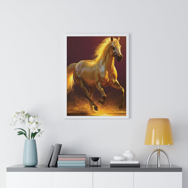 Golden Horse Vertical Framed Poster, Equestrian Decor, Horse Lover Gift, Wall Art, Home Office Decoration