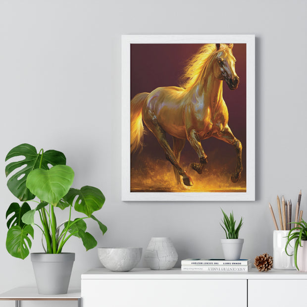 Golden Horse Vertical Framed Poster, Equestrian Decor, Horse Lover Gift, Wall Art, Home Office Decoration