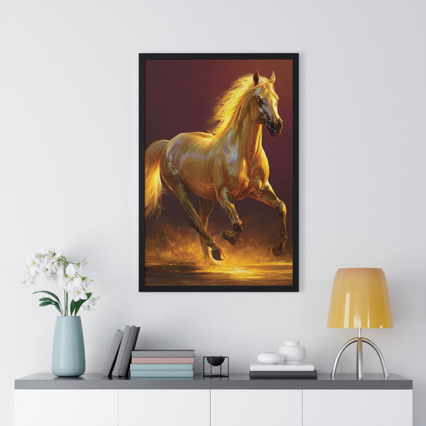 Golden Horse Vertical Framed Poster, Equestrian Decor, Horse Lover Gift, Wall Art, Home Office Decoration
