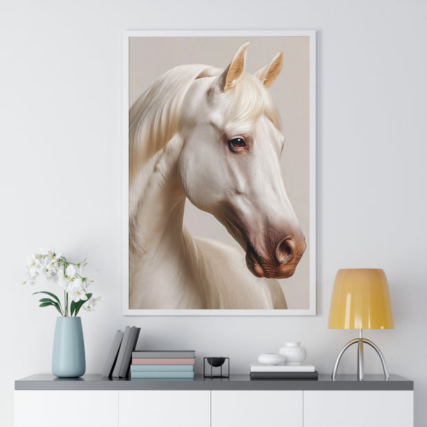 Elegant White Horse Art, Vertical Framed Poster, Horse Decor, Animal Lover Gift, Wall Art, Home Gallery Display