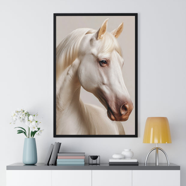Elegant White Horse Art, Vertical Framed Poster, Horse Decor, Animal Lover Gift, Wall Art, Home Gallery Display