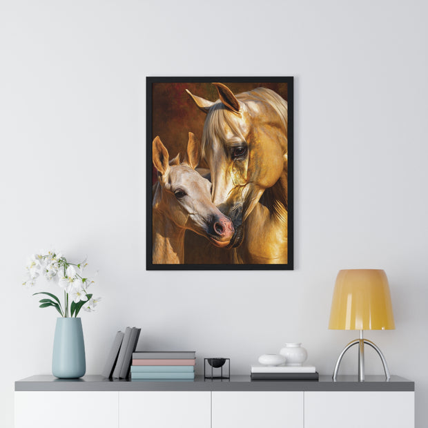Majestic Horse Love Vertical Framed Poster, Equestrian Art Print, Animal Lovers Decor, Horse Mother and Foal, Home Wall Art