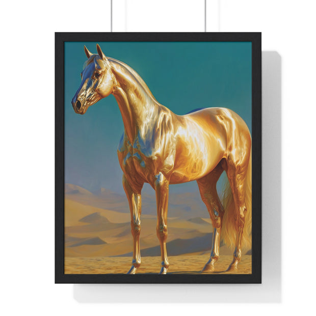 Golden Horse Vertical Framed Poster, Modern Wall Art, Equestrian Decor, Animal Lover Gift, Home Aesthetic
