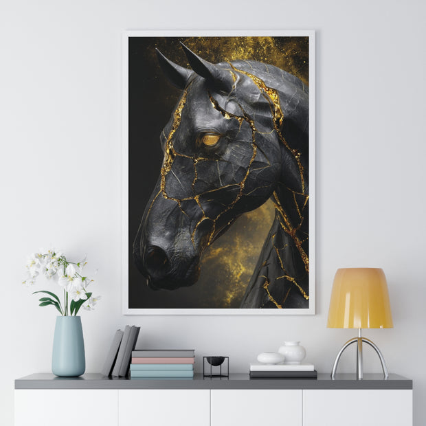 Elegant Horse Framed Art Print, Modern Wall Decor, Unique Home Accent, Gift for Horse Lovers, Art for Living Room, Black Gold Art