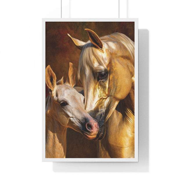 Majestic Horse Love Vertical Framed Poster, Equestrian Art Print, Animal Lovers Decor, Horse Mother and Foal, Home Wall Art