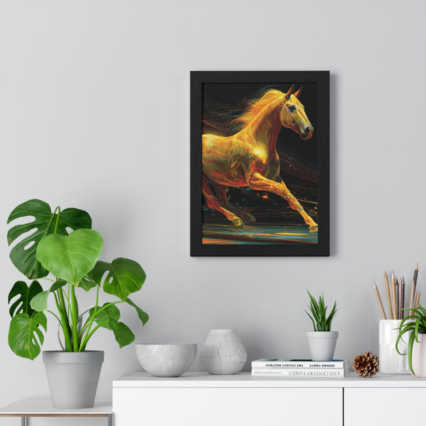 Golden Horse Art Vertical Framed Poster, Equestrian Home Decor, Gallery Wall Artwork, Horse Lover Gift, Vibrant Animal Print