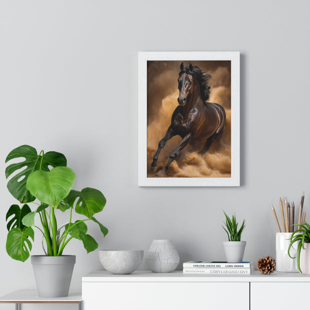 Elegant Galloping Horse Vertical Framed Poster, Equine Art, Horse Lover Gift, Home Decor, Animal Wall Art, Rustic Style, Equine Wall Decor