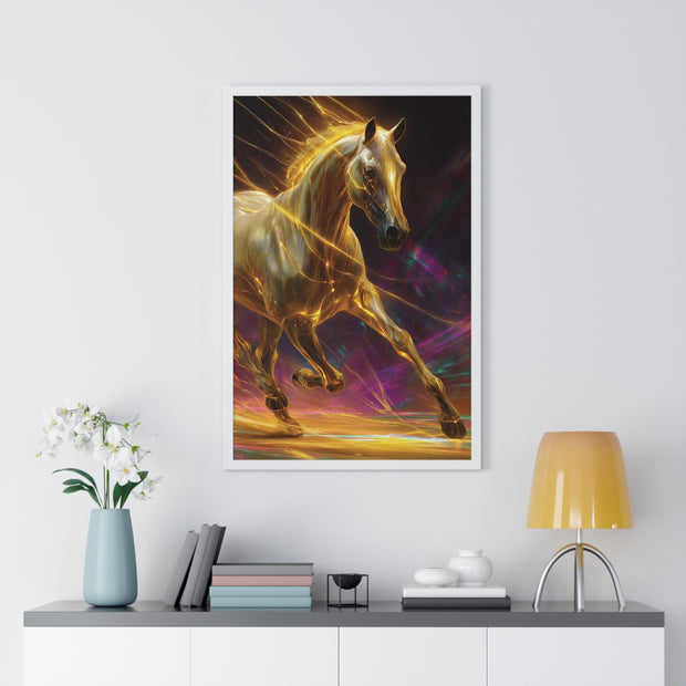 Majestic Golden Horse Framed Poster, Horse Art, Equine Decor, Animal Lover Gift, Wall Art for Home, Motivational Wall Decor