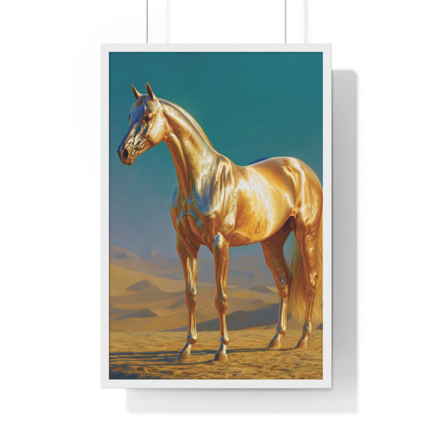 Golden Horse Vertical Framed Poster, Modern Wall Art, Equestrian Decor, Animal Lover Gift, Home Aesthetic