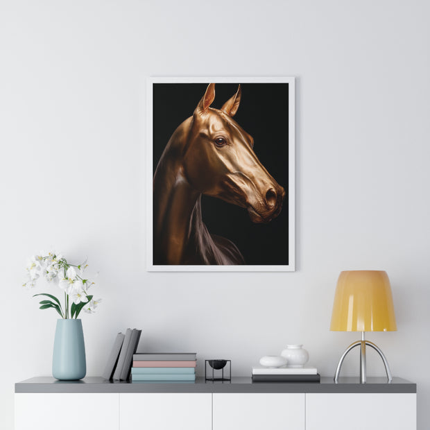 Golden Horse Vertical Framed Poster, Elegant Wall Art, Horse Lover Gift, Modern Home Decor, Animal Art Print