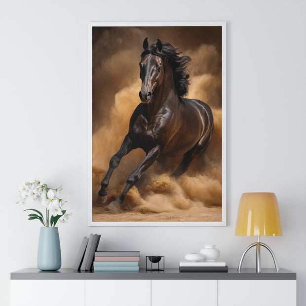 Elegant Galloping Horse Vertical Framed Poster, Equine Art, Horse Lover Gift, Home Decor, Animal Wall Art, Rustic Style, Equine Wall Decor