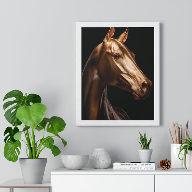 Golden Horse Vertical Framed Poster, Elegant Wall Art, Horse Lover Gift, Modern Home Decor, Animal Art Print