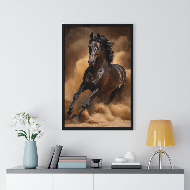 Elegant Galloping Horse Vertical Framed Poster, Equine Art, Horse Lover Gift, Home Decor, Animal Wall Art, Rustic Style, Equine Wall Decor