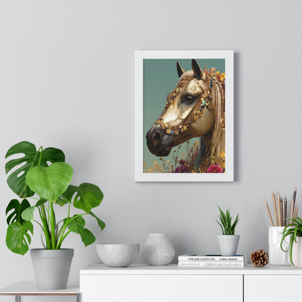 Golden Horse Framed Art Print, Elegant Home Decor, Gift for Animal Lovers, Equine Art, Wall Decoration