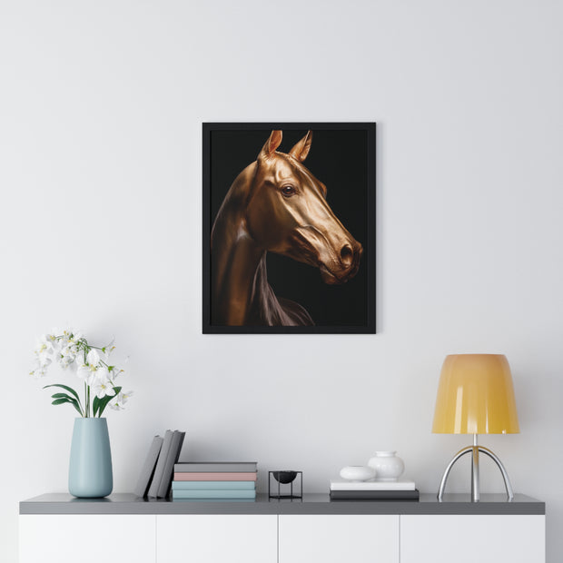 Golden Horse Vertical Framed Poster, Elegant Wall Art, Horse Lover Gift, Modern Home Decor, Animal Art Print