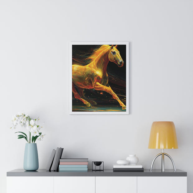 Golden Horse Art Vertical Framed Poster, Equestrian Home Decor, Gallery Wall Artwork, Horse Lover Gift, Vibrant Animal Print