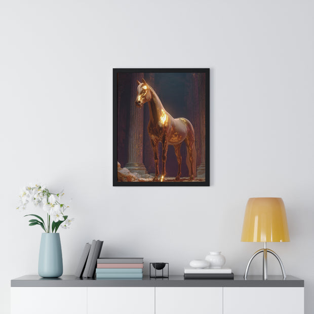 Elegant Gold Horse Vertical Framed Poster, Home Decor, Fine Art Print, Wall Art, Modern Decor, Gift for Horse Lovers