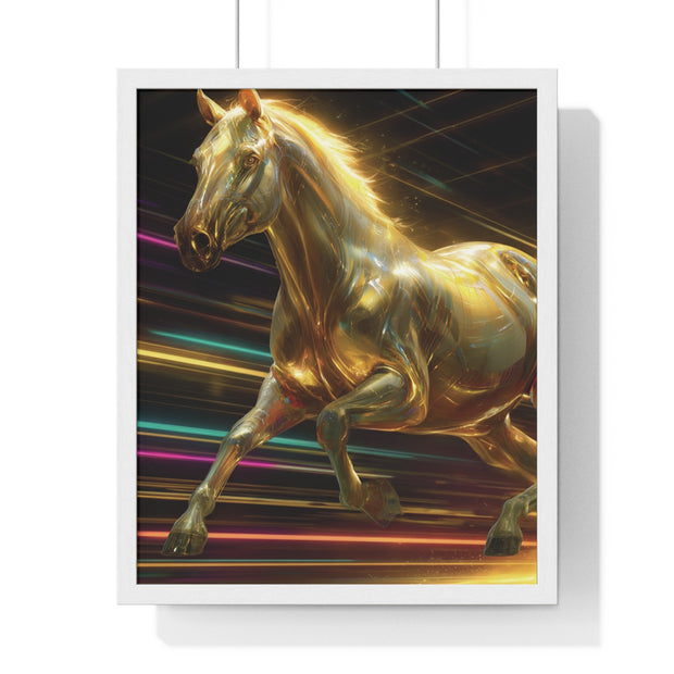 Golden Galloping Horse Vertical Framed Poster, Equine Art, Living Room Decor, Horse Lover Gift, Inspirational Wall Art, Home Aesthetic