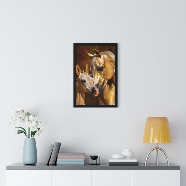 Majestic Horse Love Vertical Framed Poster, Equestrian Art Print, Animal Lovers Decor, Horse Mother and Foal, Home Wall Art