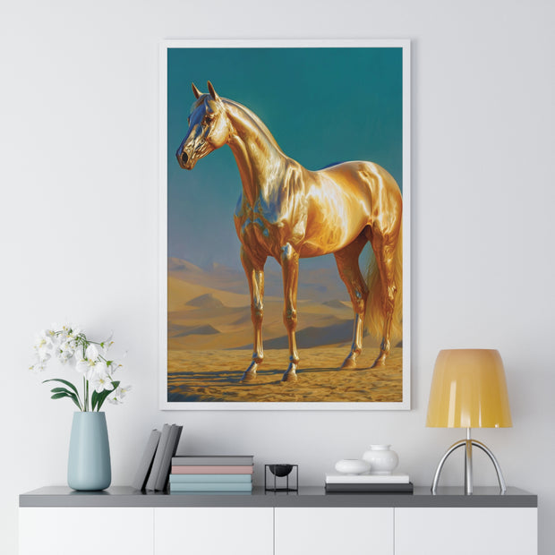 Golden Horse Vertical Framed Poster, Modern Wall Art, Equestrian Decor, Animal Lover Gift, Home Aesthetic