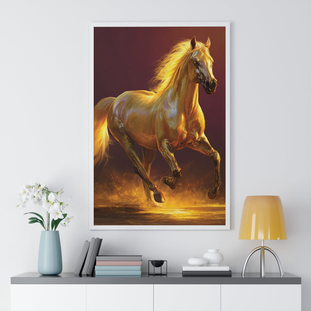 Golden Horse Vertical Framed Poster, Equestrian Decor, Horse Lover Gift, Wall Art, Home Office Decoration