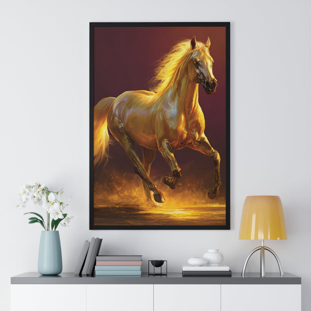Golden Horse Vertical Framed Poster, Equestrian Decor, Horse Lover Gift, Wall Art, Home Office Decoration