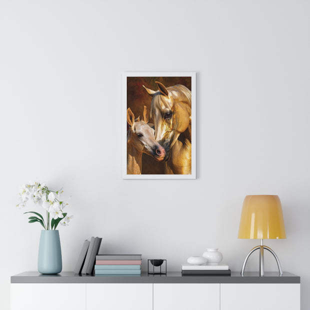 Majestic Horse Love Vertical Framed Poster, Equestrian Art Print, Animal Lovers Decor, Horse Mother and Foal, Home Wall Art