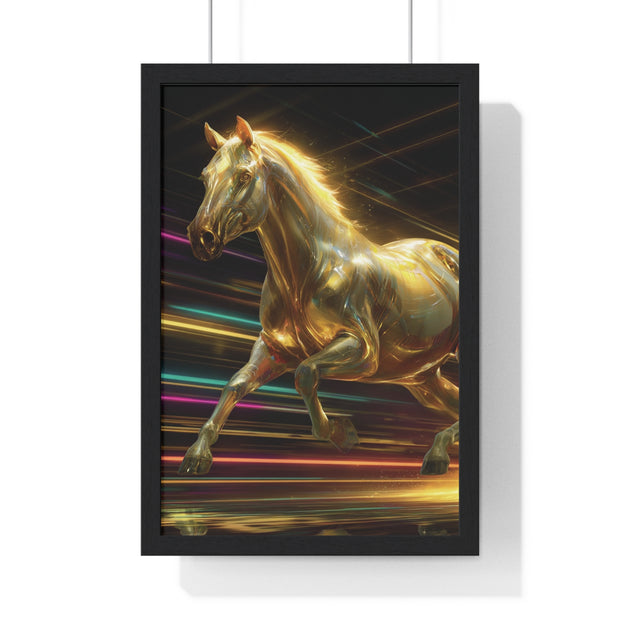 Golden Galloping Horse Vertical Framed Poster, Equine Art, Living Room Decor, Horse Lover Gift, Inspirational Wall Art, Home Aesthetic