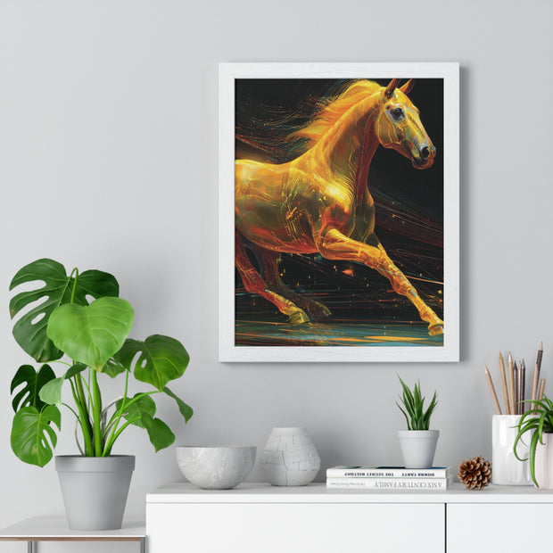 Golden Horse Art Vertical Framed Poster, Equestrian Home Decor, Gallery Wall Artwork, Horse Lover Gift, Vibrant Animal Print