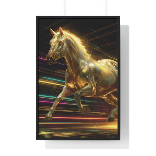 Golden Galloping Horse Vertical Framed Poster, Equine Art, Living Room Decor, Horse Lover Gift, Inspirational Wall Art, Home Aesthetic