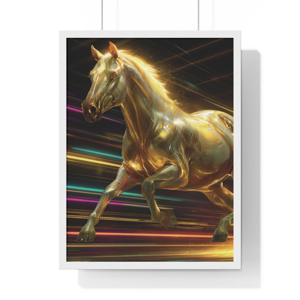 Golden Galloping Horse Vertical Framed Poster, Equine Art, Living Room Decor, Horse Lover Gift, Inspirational Wall Art, Home Aesthetic