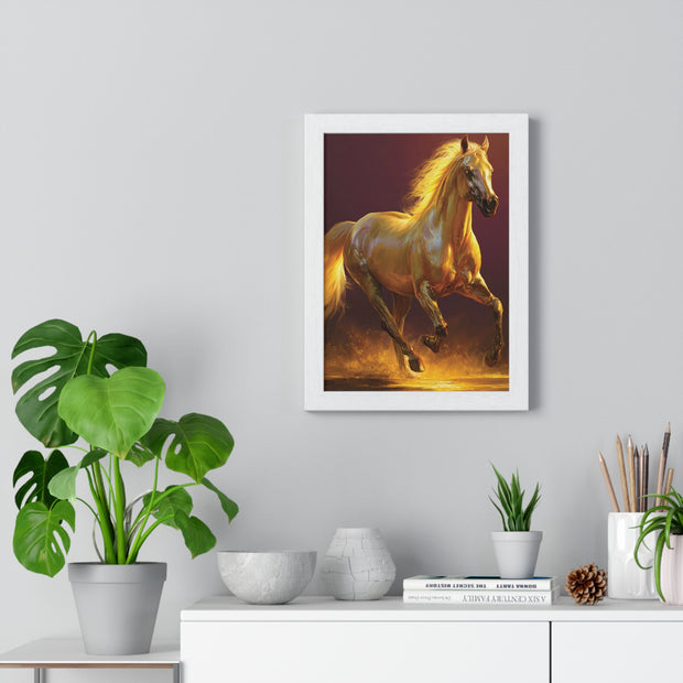 Golden Horse Vertical Framed Poster, Equestrian Decor, Horse Lover Gift, Wall Art, Home Office Decoration