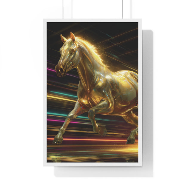 Golden Galloping Horse Vertical Framed Poster, Equine Art, Living Room Decor, Horse Lover Gift, Inspirational Wall Art, Home Aesthetic