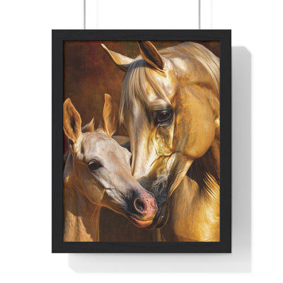 Majestic Horse Love Vertical Framed Poster, Equestrian Art Print, Animal Lovers Decor, Horse Mother and Foal, Home Wall Art