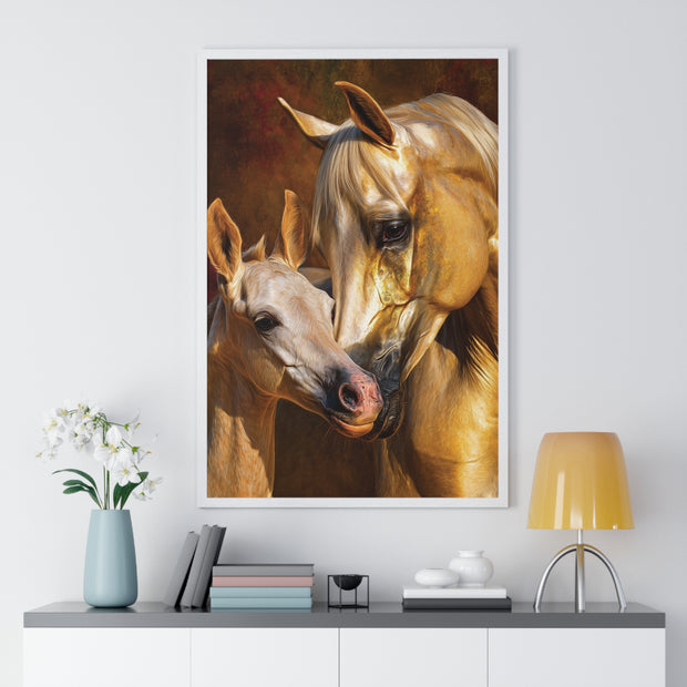 Majestic Horse Love Vertical Framed Poster, Equestrian Art Print, Animal Lovers Decor, Horse Mother and Foal, Home Wall Art