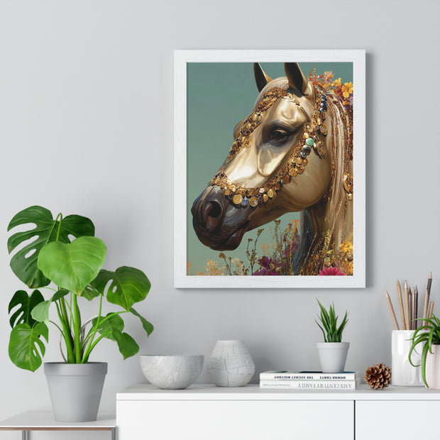Golden Horse Framed Art Print, Elegant Home Decor, Gift for Animal Lovers, Equine Art, Wall Decoration