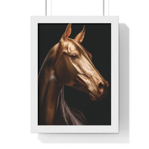 Golden Horse Vertical Framed Poster, Elegant Wall Art, Horse Lover Gift, Modern Home Decor, Animal Art Print