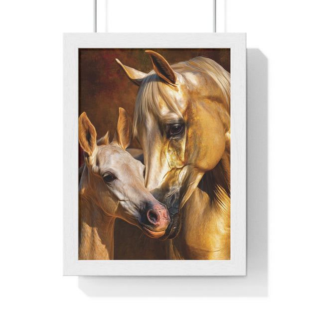 Majestic Horse Love Vertical Framed Poster, Equestrian Art Print, Animal Lovers Decor, Horse Mother and Foal, Home Wall Art